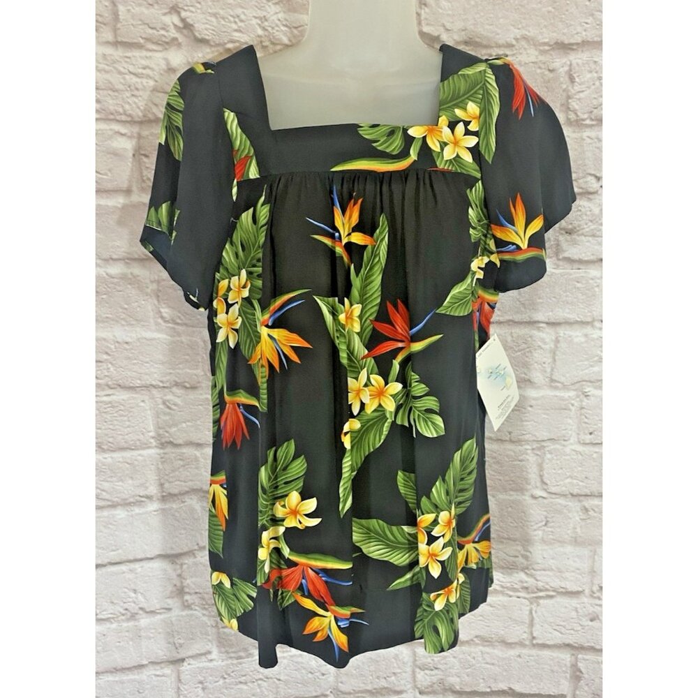 NEW Puanani Hawaiian Shirt Medium Square Neck Flutter‎ Sleeve Luau Tropical Top